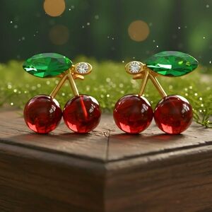 925 Sterling Silver Red Cherry Stud Earrings Crystal Green Leaf Coquette Dainty